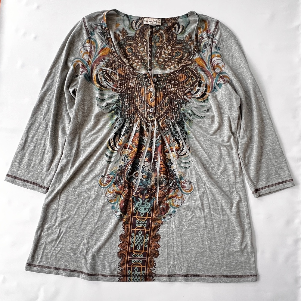 Live & Let Live Women's Sz XL Boho Style Tunic Gray Top ¾ Sleeve Paisley Pattern